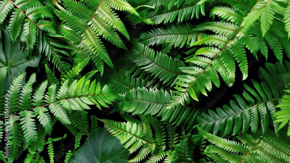 Lush green ferns and foliage create vibrant, textured background, showcasing beauty of nature with intricate leaf shapes and tropical plant diversity. Lush green ferns and foliage create vibrant, textured background, showcasing beauty of nature with intricate leaf shapes and tropical plant diversity.