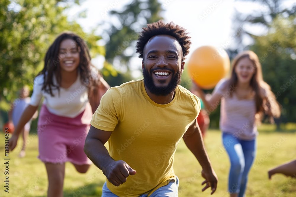 man in a yellow shirt is running with a group of people, one of whom is holding a yellow ball. Scene is joyful and energetic, as the group of people are enjoying a game of catch man in a yellow shirt is running with a group of people, one of whom is holding a yellow ball. Scene is joyful and energetic, as the group of people are enjoying a game of catch