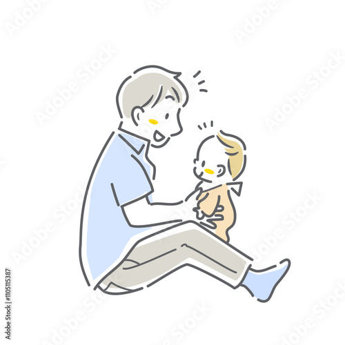 家事・育児をする若い男性　育児休暇取得　シンプルでお洒落な線画イラスト