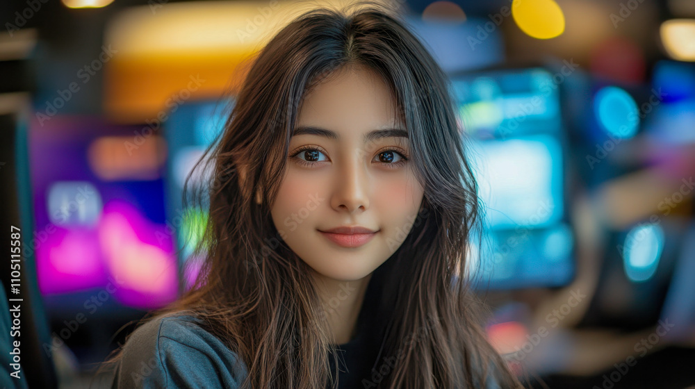 Asian woman smiling in a technology-filled workspace with colorful screens Asian woman smiling in a technology-filled workspace with colorful screens