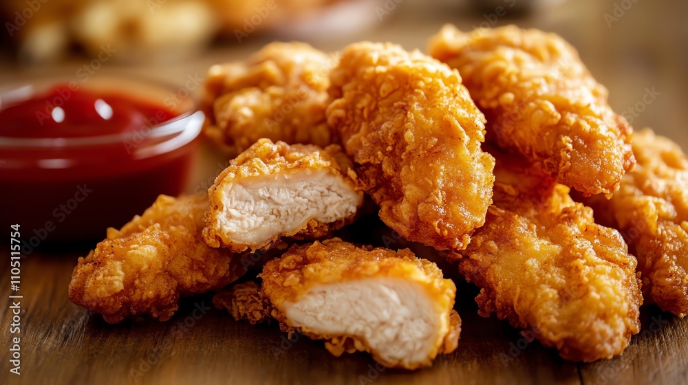 A pile of crispy fried chicken tenders with a small bowl of ketchup. A pile of crispy fried chicken tenders with a small bowl of ketchup.