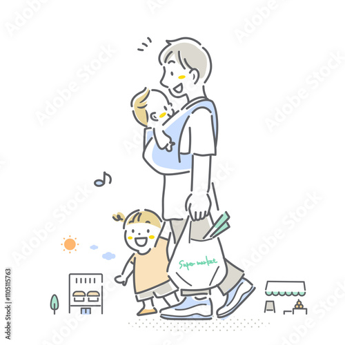 家事・育児をする若い男性　育児休暇　シンプルでお洒落な線画イラスト