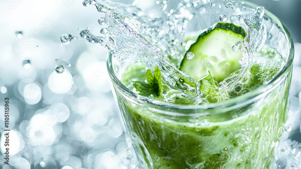 refreshing glass of cucumber mint smoothie with splash of liquid, capturing vibrant and invigorating essence of fresh ingredients refreshing glass of cucumber mint smoothie with splash of liquid, capturing vibrant and invigorating essence of fresh ingredients
