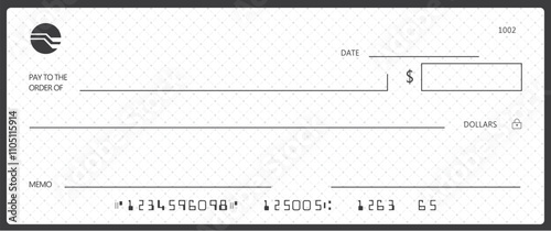 Bank check, vector blank money cheque, checkbook template with guilloche pattern and fields. Currency payment coupon, money check background