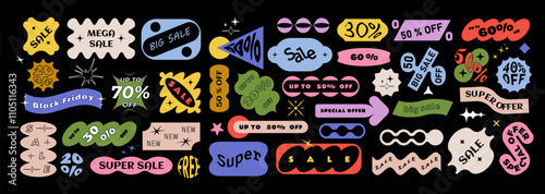 Price tags and Sale sticker geometry shapes in y2k  korean style. Coupon and label brutalism aesthetic vector elements. Minimal Frame Patch.  90s cartoon style.       