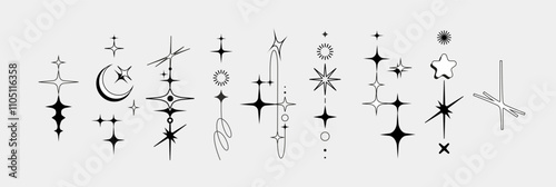 Y2k style Twinkle star figures, tattoo bling shapes. Magical sparkle flash, shiny shine. The fireworks flicker, blink, the figures sparkle and glow.	
