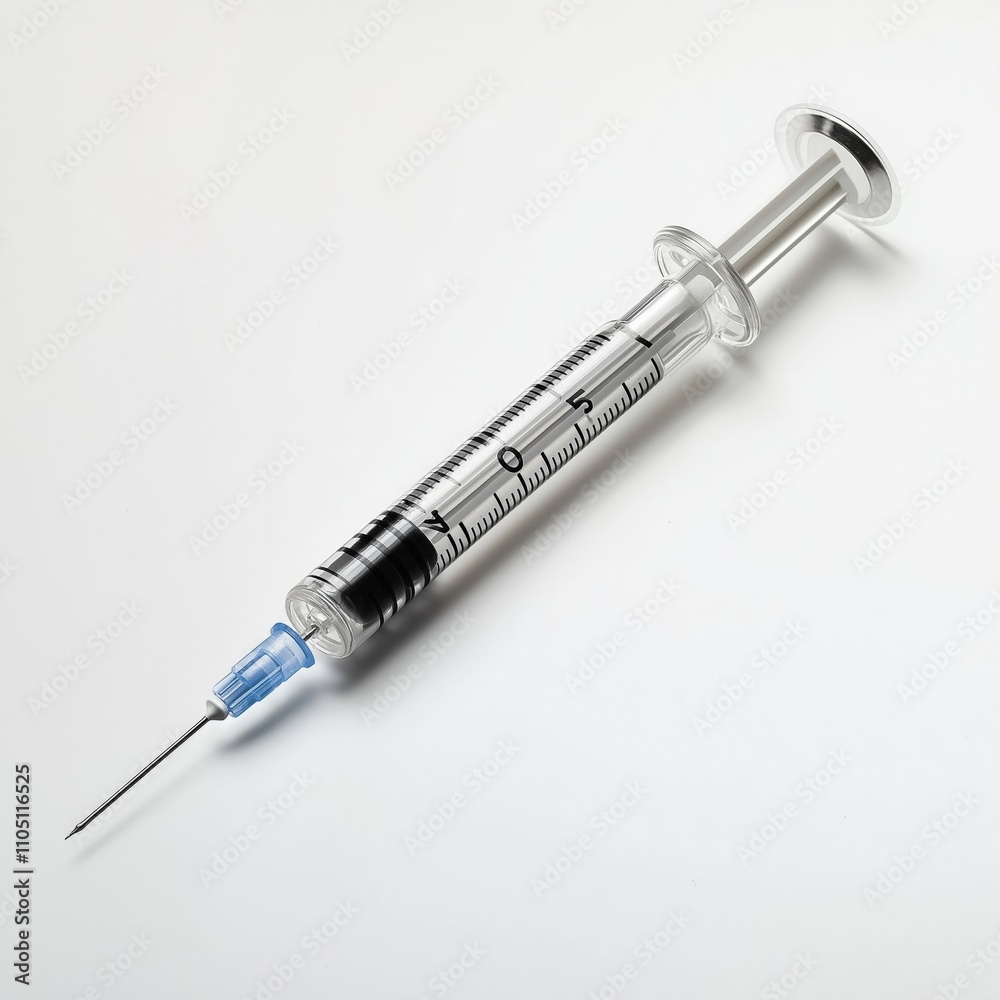 A syringe with red liquid isolated against white background A syringe with red liquid isolated against white background
