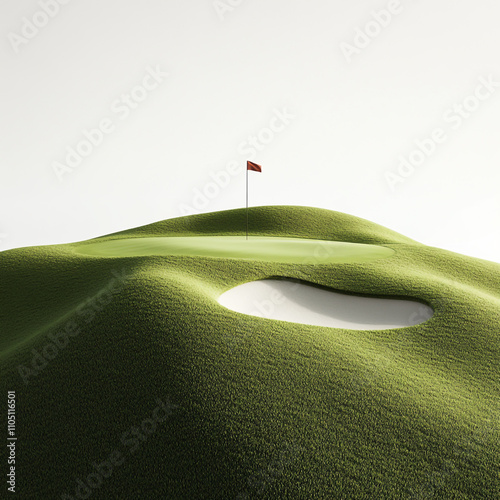 3D render of a golf course green with a sand trap and flag, a white background