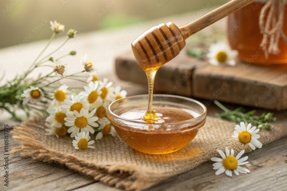Golden honey drips from a wooden dipper into a bowl surrounded by flowers Golden honey drips from a wooden dipper into a bowl surrounded by flowers