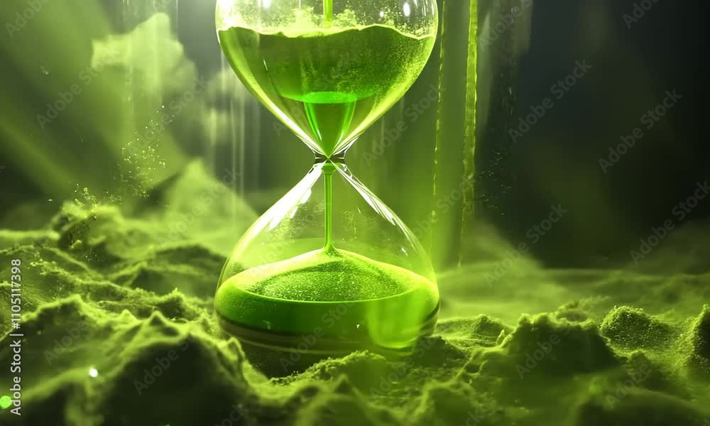 An hourglass filled with vibrant green sand, set against a misty green background.