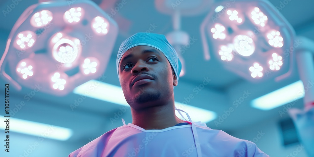 A low angle medium shot of a dedicated surgeon in a sterile operating room, illuminated by the cool glow of surgical lights A low angle medium shot of a dedicated surgeon in a sterile operating room, illuminated by the cool glow of surgical lights