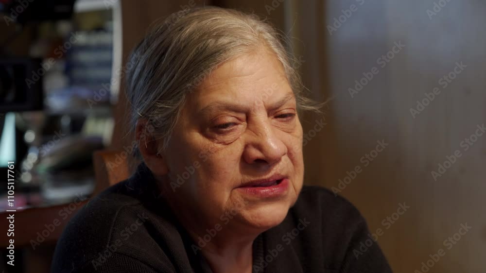 Sixty-five-year-old elderly woman is engaged in lively conversation while sitting at table in living room. Woman is talking and smiling. Sixty-five-year-old elderly woman is engaged in lively conversation while sitting at table in living room. Woman is talking and smiling.