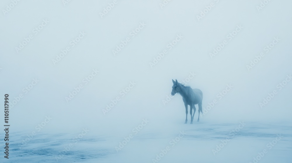 Lone Horse in a Snowy Foggy Landscape