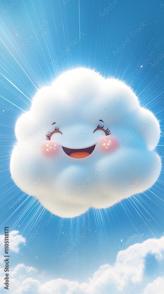 Cheerful and Whimsical Fluffy Cloud Character Smiling Happily under Bright Blue Sky with Sunbeams Shining through Playful and Ethereal Digital or Cartoon Style Render