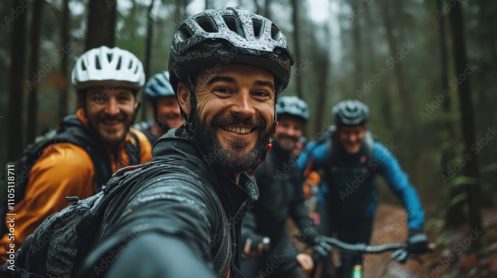 Happy mountain bikers smiling for a selfie in a forest. Happy mountain bikers smiling for a selfie in a forest.