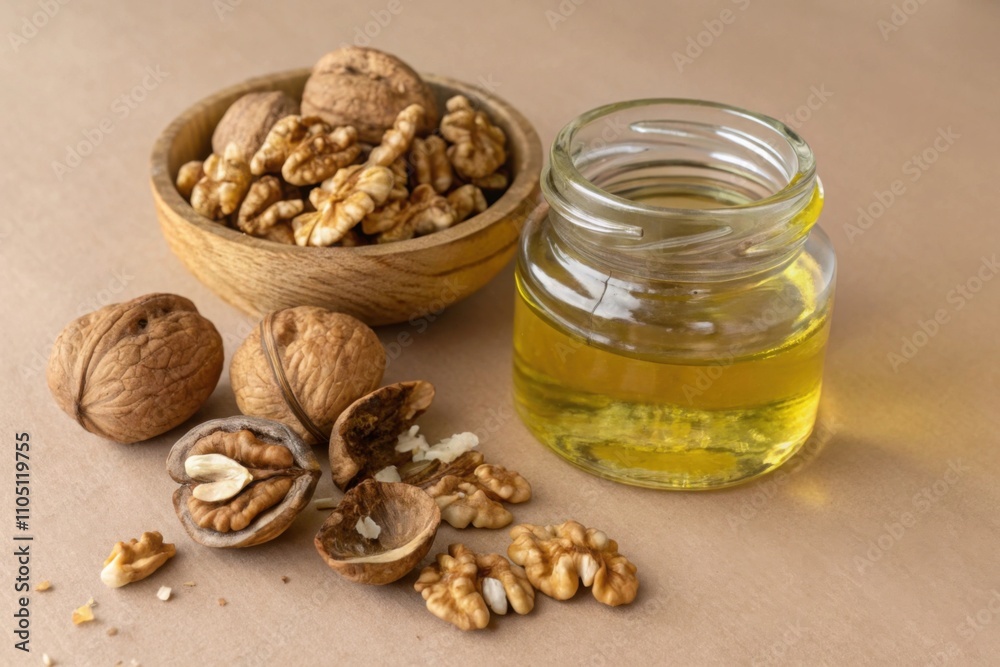 Cracked walnuts and walnut oil in a clear glass jar on a neutral background Cracked walnuts and walnut oil in a clear glass jar on a neutral background