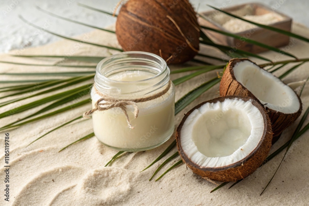Coconut halves and a glass jar of coconut oil on sandy surface with green leaves Coconut halves and a glass jar of coconut oil on sandy surface with green leaves