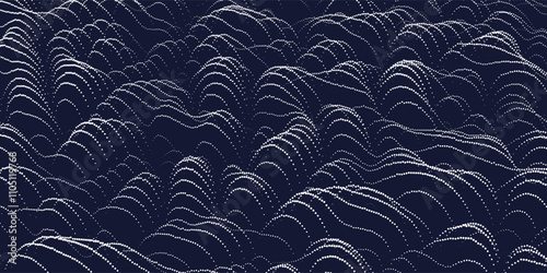 Points in grid chaotic waves texture. Abstract dots on black background. Technology cyberspace concept.