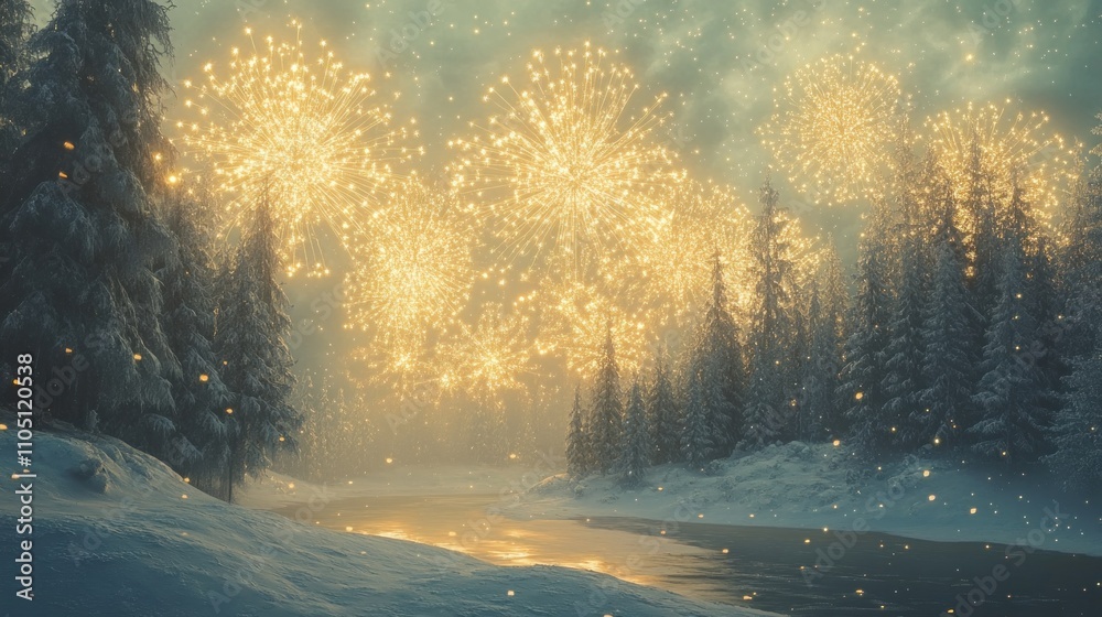 Golden fireworks over a snowy forest, creating a serene and magical atmosphere, Golden fireworks over a snowy forest, creating a serene and magical atmosphere,