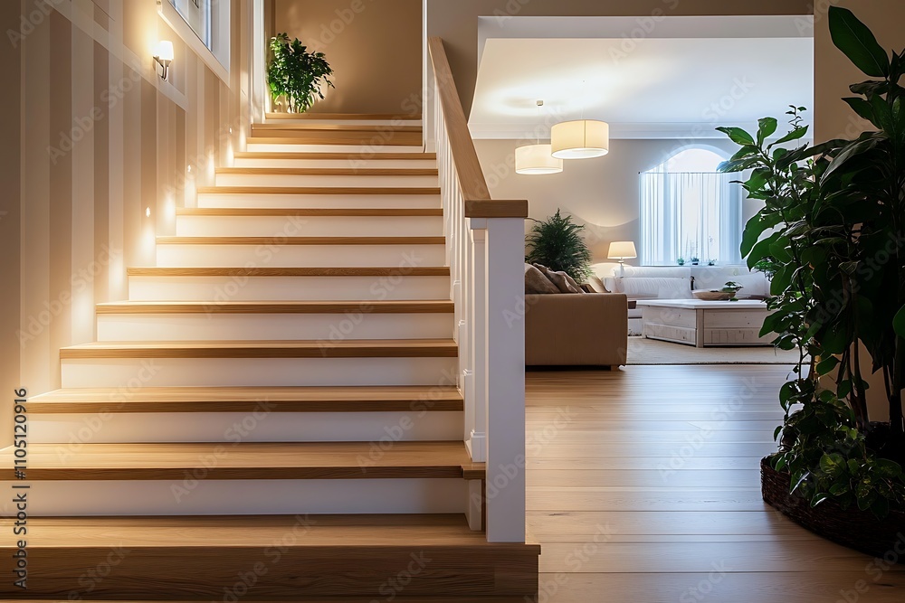 Mordern wooden stair with small garden below. 3D illustration Mordern wooden stair with small garden below. 3D illustration