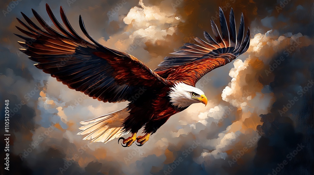 Obraz premium Majestic eagle soaring through dramatic clouds in a striking display of freedom.