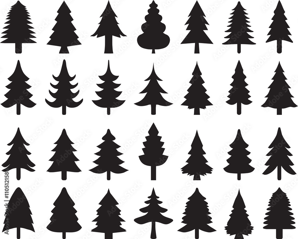 Fototapeta premium Christmas tree icons, black silhouettes 