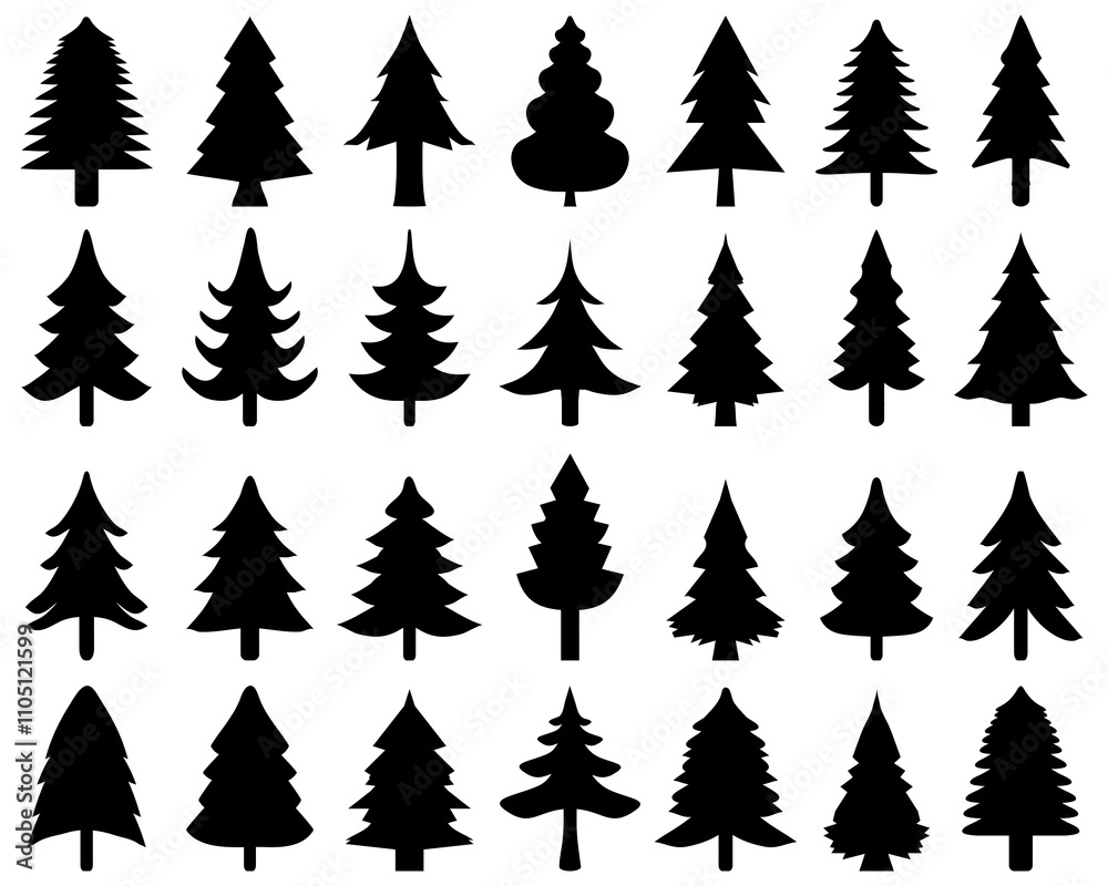 Obraz premium Christmas tree icons, black silhouettes on a white background