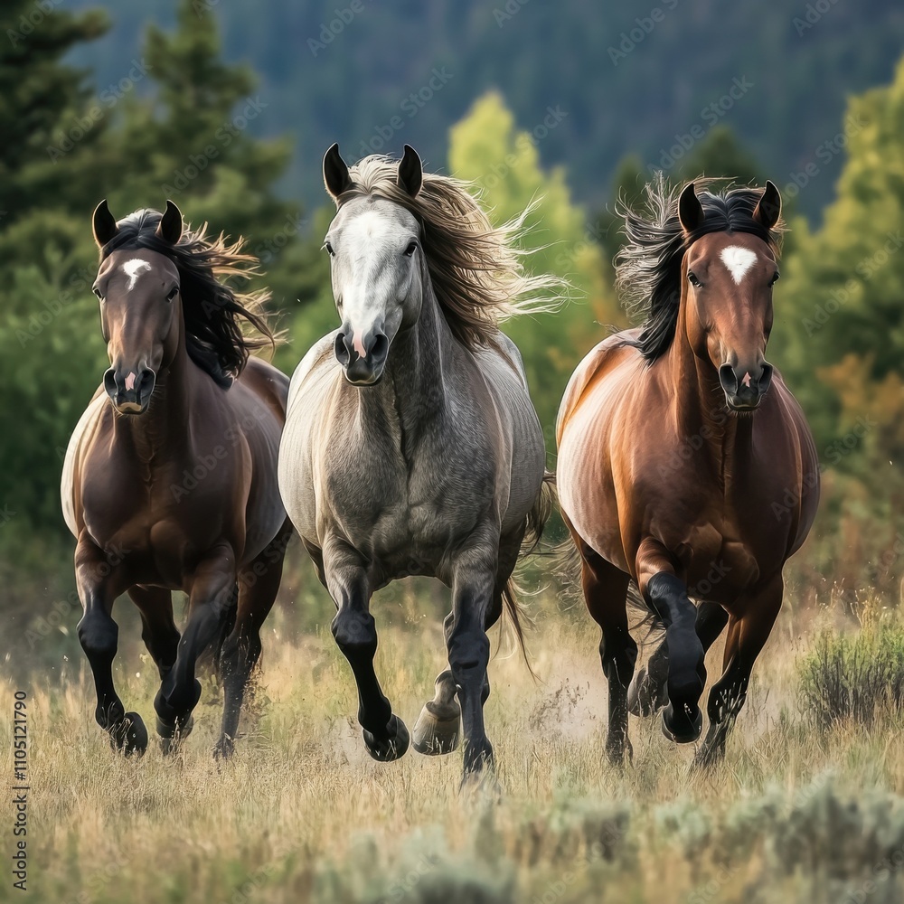 Fototapeta premium Three majestic horses galloping through a lush field, showcasing their power and grace in nature's vibrant backdrop.