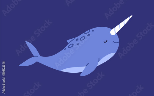 Narwhal, cute marine animal with horn, tusk. Kawaii adorable underwater unicorn fish. Happy fancy undersea water creature swimming in tropical sea. Kids childish flat vector illustration