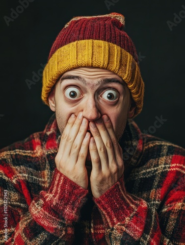 Human facial expressions, feelings, reaction and attitude. Puzzled terrified young European man in holiday cap covering mouth in shock because he forgot to buy present on his friend's birthday