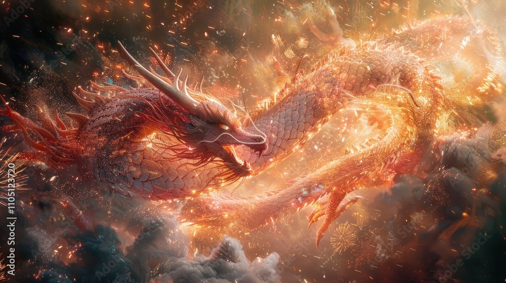 Fiery dragons entwined in cosmic battle. Fiery dragons entwined in cosmic battle.