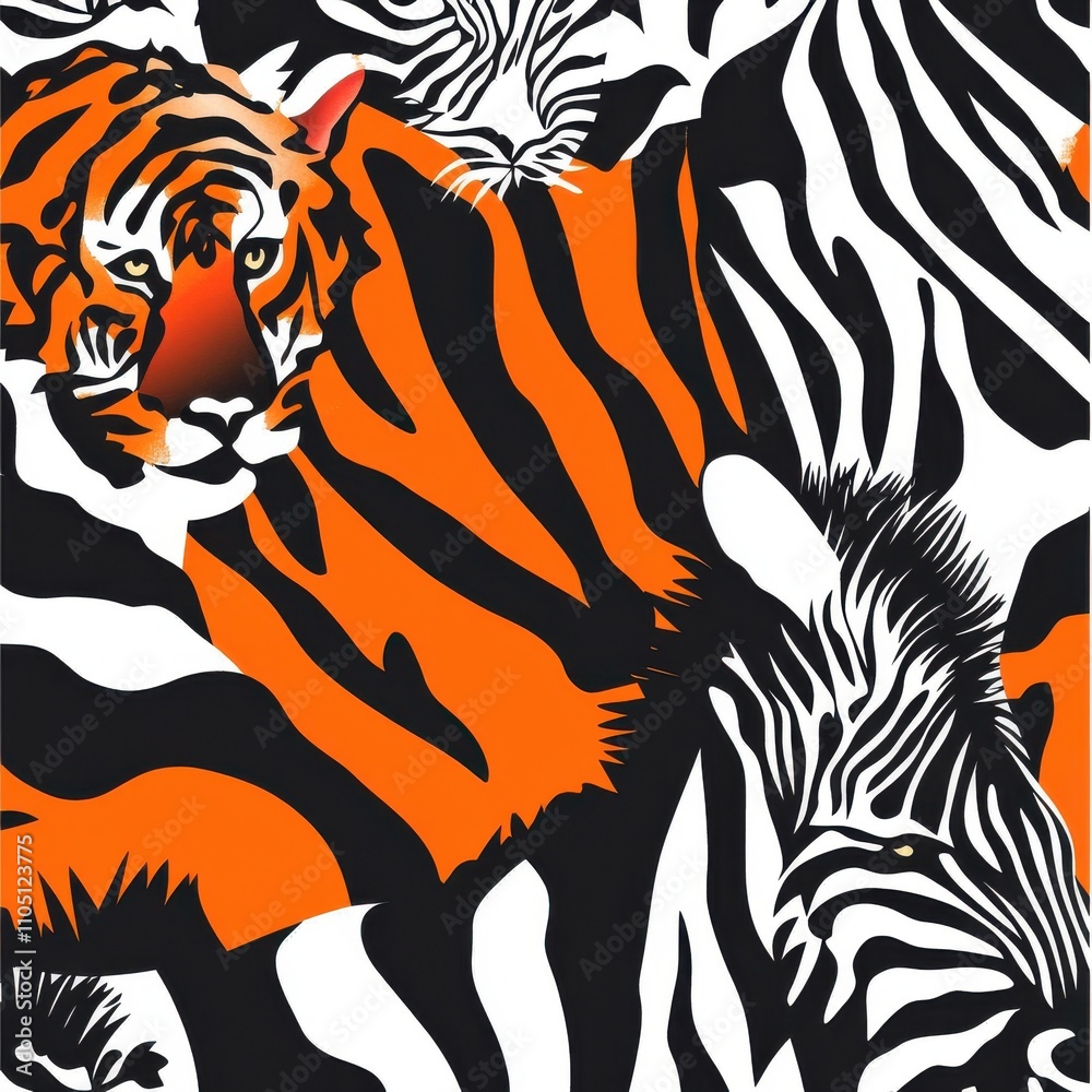 A bold and vibrant pattern featuring tigers and zebras, showcasing their striking stripes in orange, black, and white.
