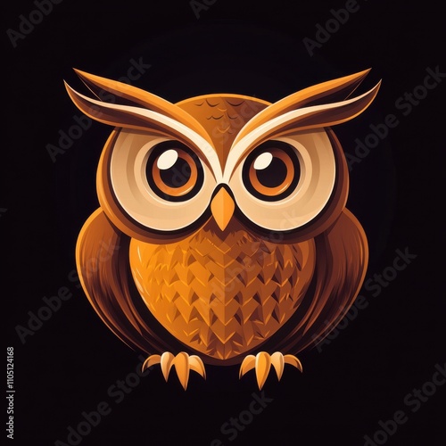 A stylized cartoon owl with large eyes and intricate feathers, set against a dark background. photo