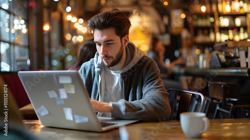 A cheerful young man in a casual setting, using a laptop in a trendy cafe with warm lighting. Perfect for technology, work, leisure and modern lifestyle concepts.