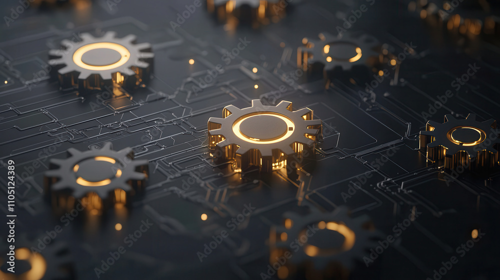 Digital representation of interconnected gears on circuit board, showcasing intricate designs and glowing elements. This captures essence of technology and innovation Digital representation of interconnected gears on circuit board, showcasing intricate designs and glowing elements. This captures essence of technology and innovation