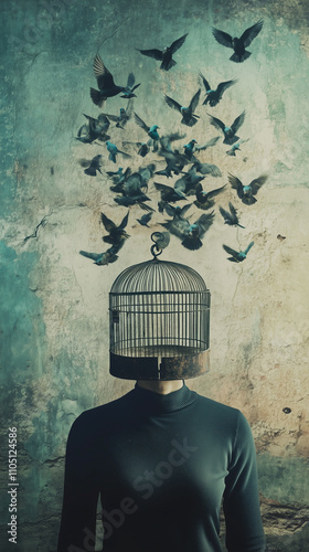 A woman with a birdcage instead of a head. When the cage door opens, the birds fly out. It symbolizes freedom of thought and the idea of ​​free expression of ideas.