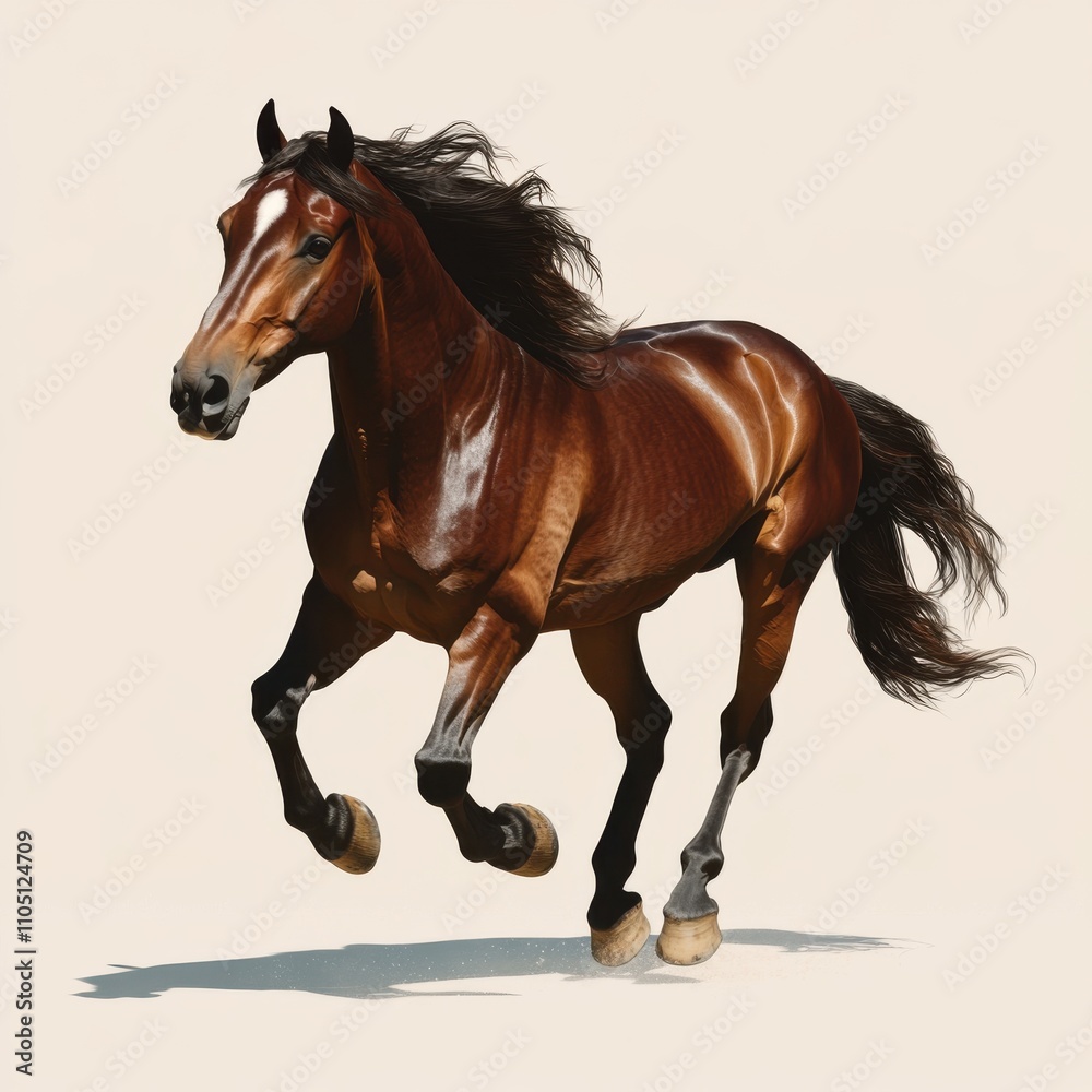 Obraz premium A majestic brown horse gallops gracefully against a neutral backdrop, showcasing its powerful build and flowing mane.