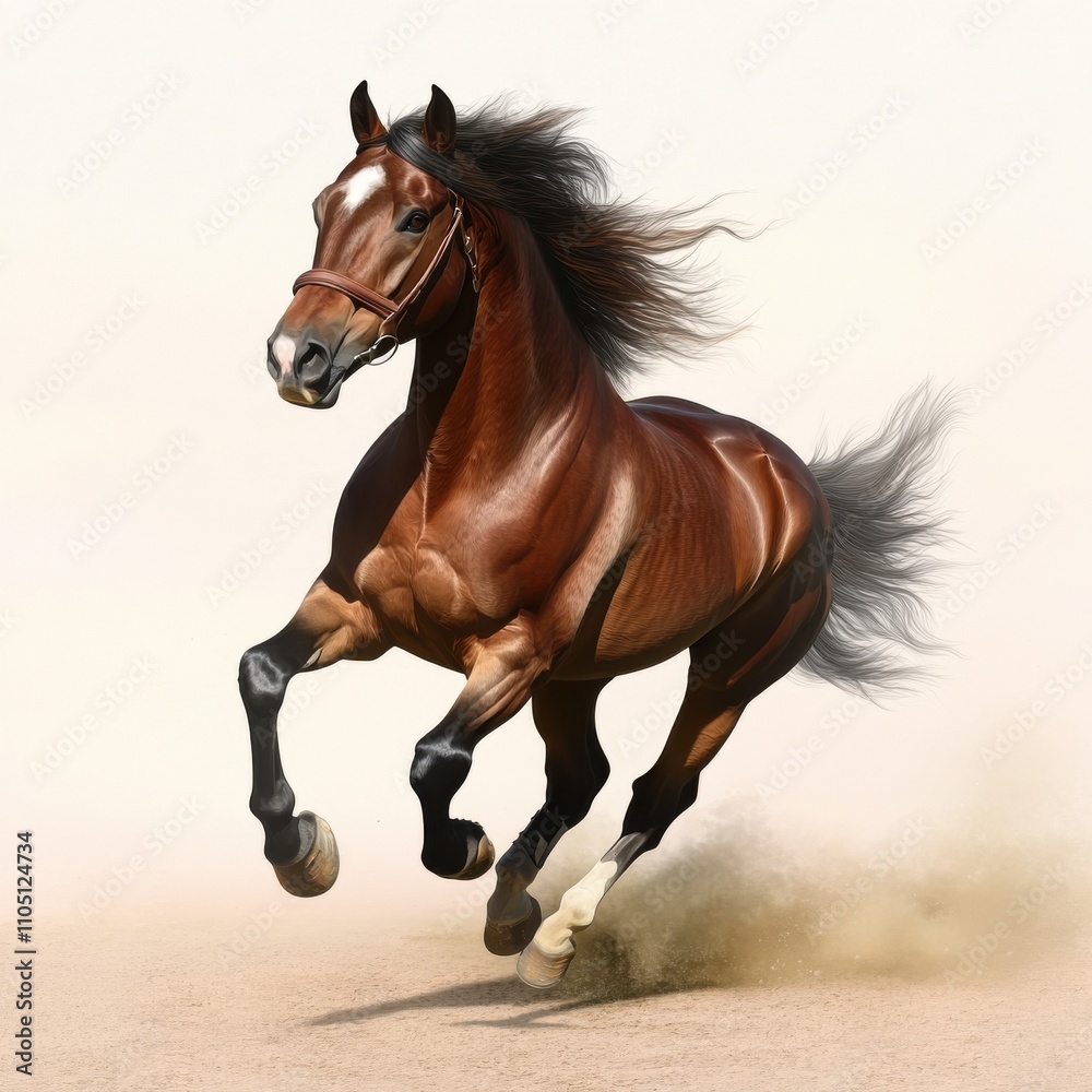 Fototapeta premium A majestic brown horse galloping gracefully, showcasing strength and elegance against a soft, neutral background.