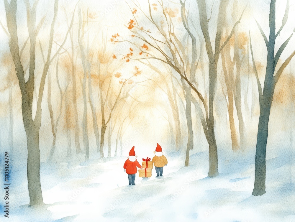 Winter Wonderland Gnomes Carrying Gifts Through Snowy Forest Winter Wonderland Gnomes Carrying Gifts Through Snowy Forest