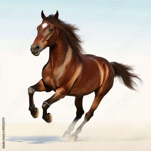 A majestic brown horse galloping freely across a sandy landscape under a clear blue sky.