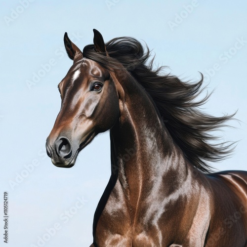 A stunning brown horse with a flowing mane stands majestically against a clear blue sky, exuding strength and beauty.
