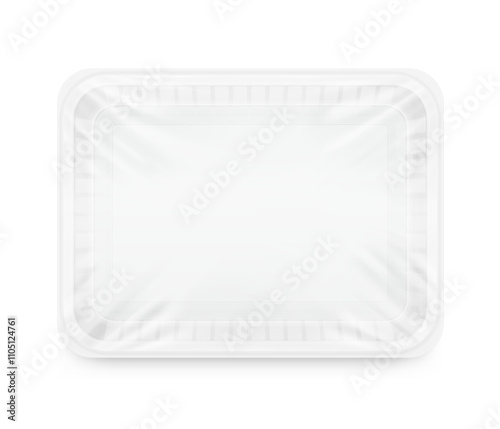Clear tray container mockup. Vector illustration isolated on white background. Layered template file easy to use for your promo product: meat of animals, chicken, fish. EPS10.