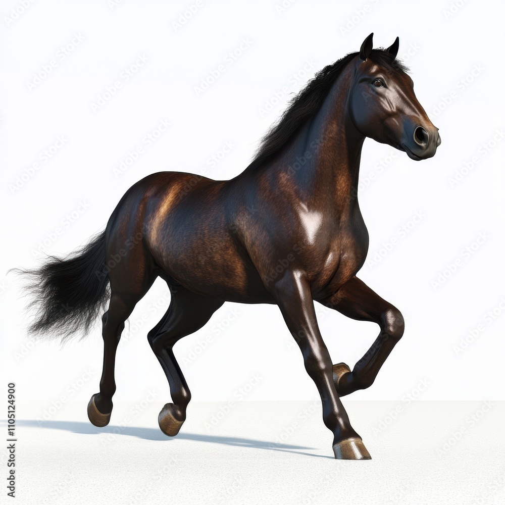 Obraz premium Majestic black horse trotting elegantly, showcasing its powerful physique and shiny coat.
