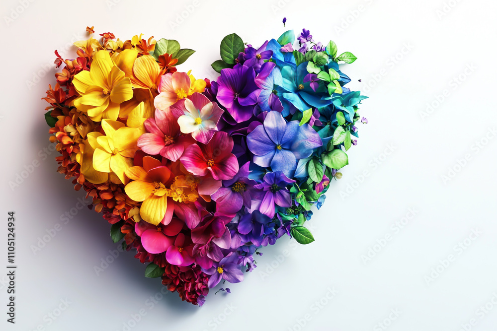 Obraz premium 3D rendering image Colorful hearts made of vibrant flowers on a white background, a colorful love concept.
