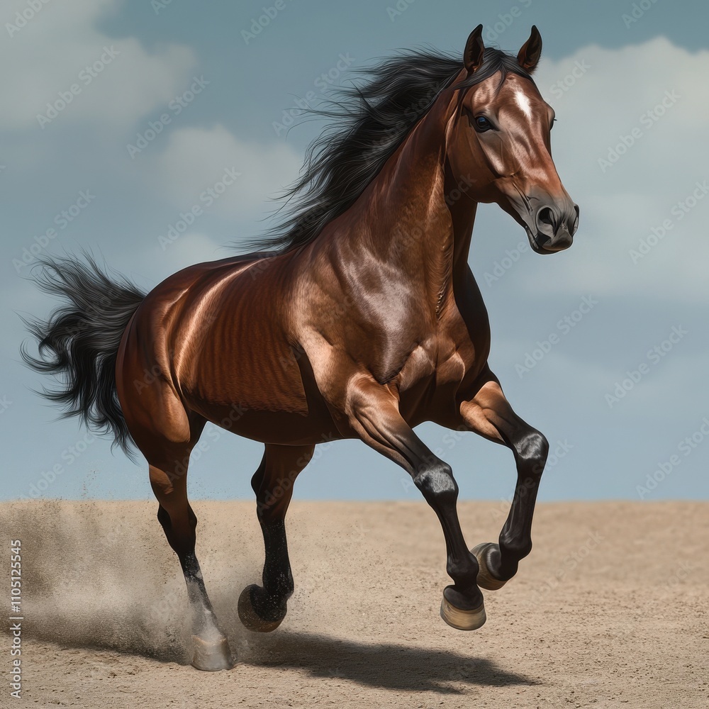 A powerful bay horse galloping gracefully through an open field, showcasing its muscular build and flowing mane. A powerful bay horse galloping gracefully through an open field, showcasing its muscular build and flowing mane.