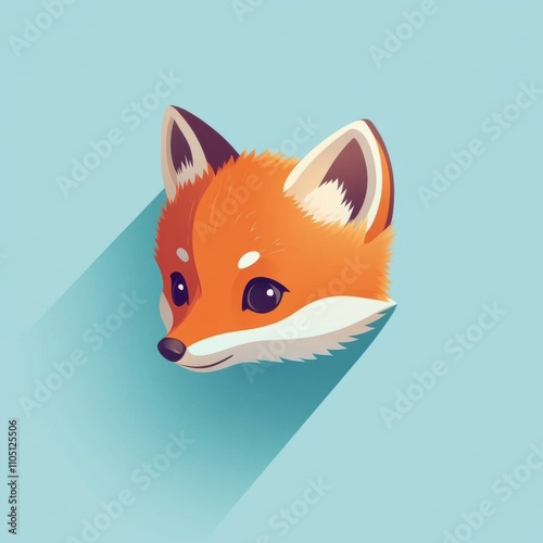 A cute cartoon fox head illustration with vibrant orange and white colors, set against a light blue background. photo