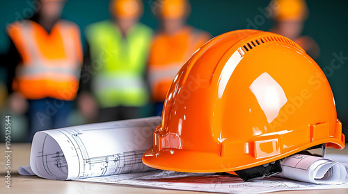 A close-up of an orange hard hat on blueprints, with construction workers in safety vests blurred in the background, representing teamwork and safety on a construction site.
