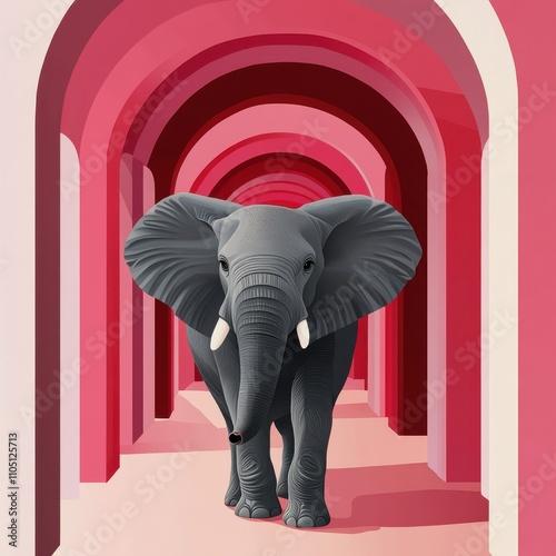 A majestic gray elephant stands confidently in a vibrant pink archway, blending whimsy with elegance. photo