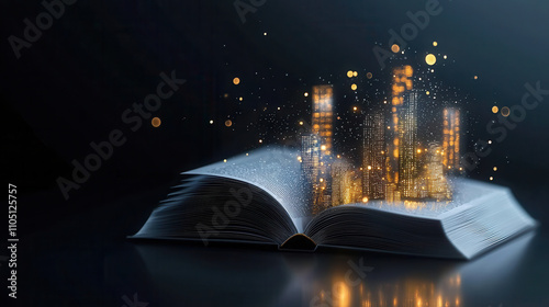 open book with glowing cityscape emerging from its pages, symbolizing imagination and creativity