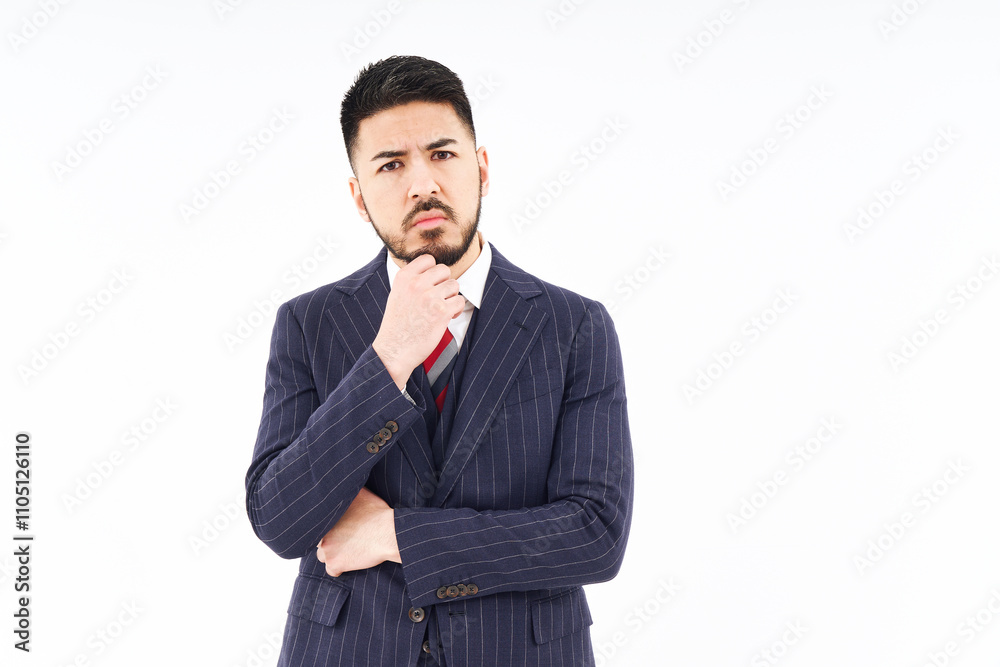 考え込むポーズをするスーツ姿の男性